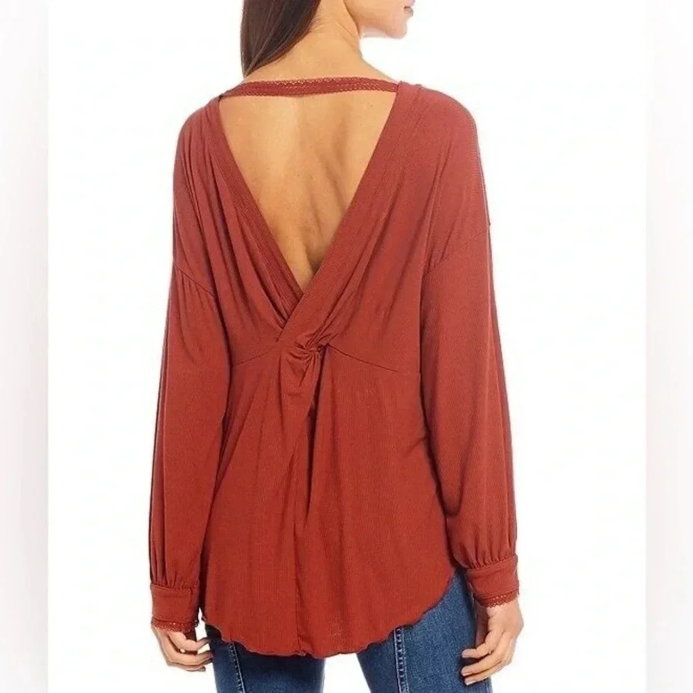 FREE PEOPLE Shimmy Shake Top Ribbed Burnt Orange Long Sleeve Open Back Small S - Picture 2 of 8